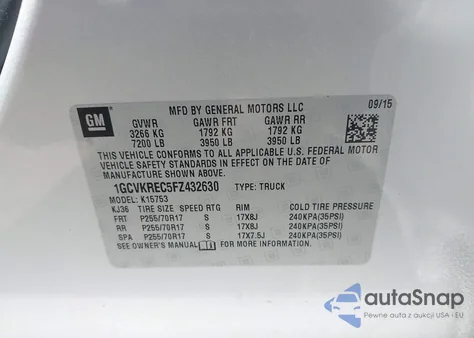 2015 Chevrolet Silverado 1500 1Lt z USA, uszkodzony, nr VIN 1GCVKREC5FZ432630